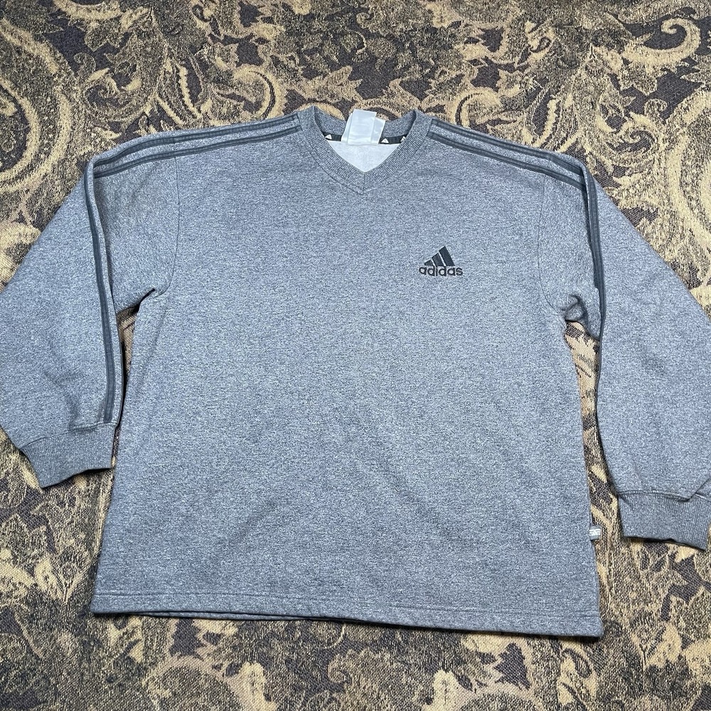 Vtg Adidas Women's Gray V Neck Pullover Sweatshirt Black Logo Size Large Boxy - Picture 1 of 9